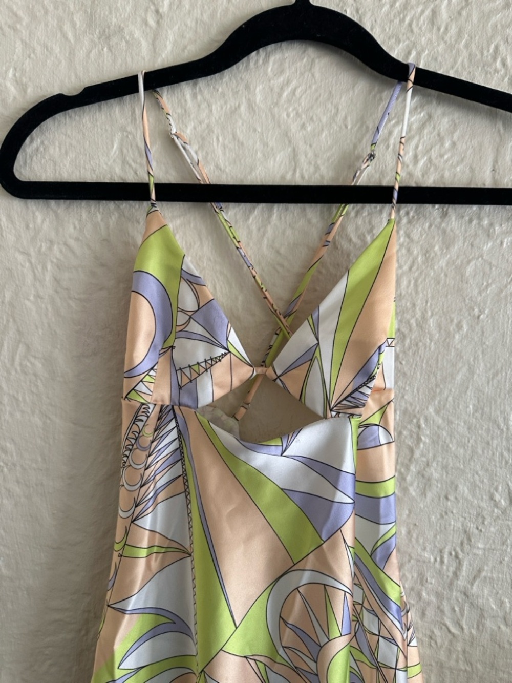 Zara Satin Cut Out Center Yellow Lilac Lime Pattern Mini Dress Medium - Picture 5 of 7